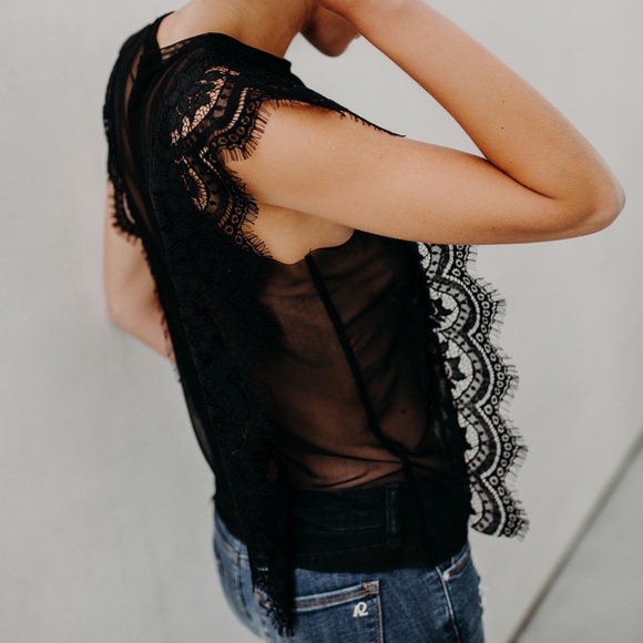 Black Butterfly Lace Trim Lace Sleeve Top - Picture 6 of 7